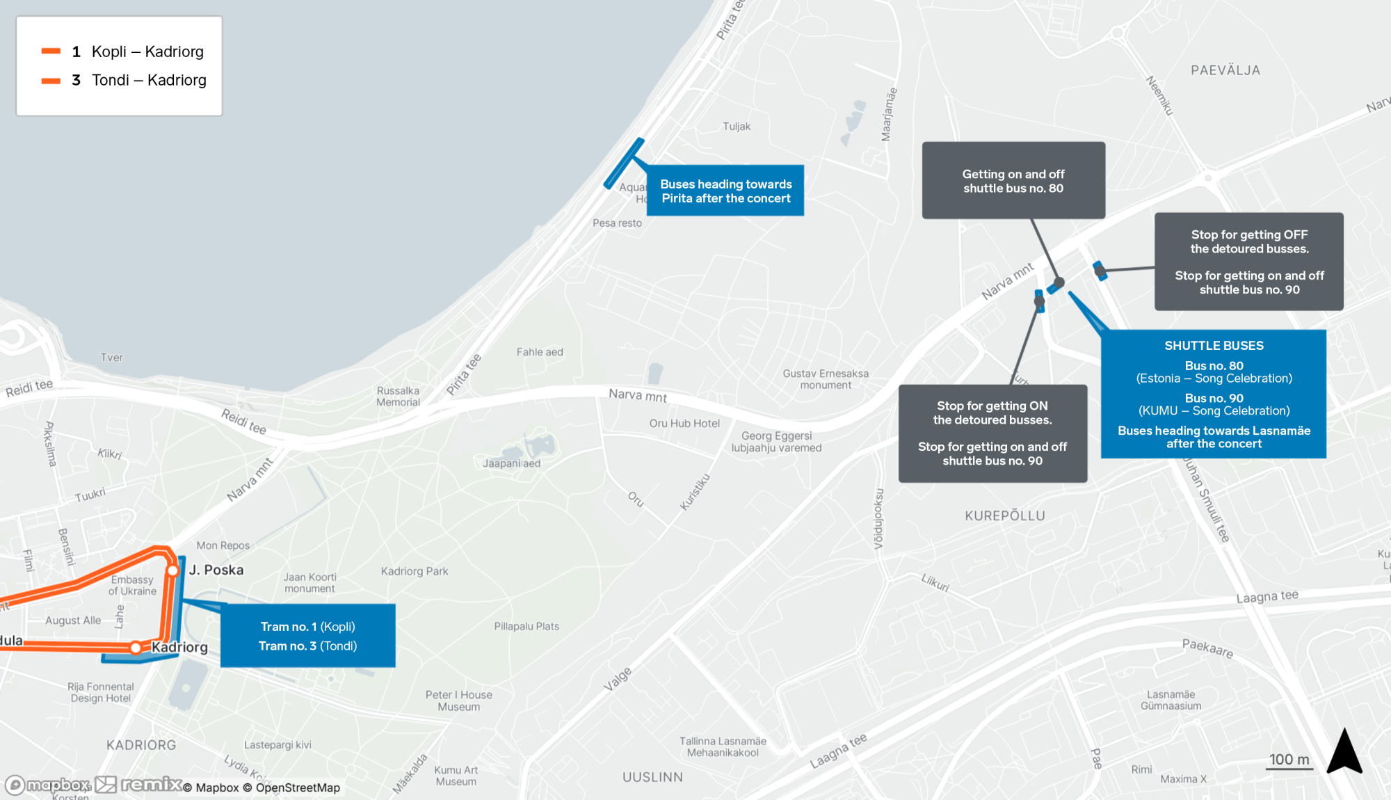 Song and Dance Celebration 2025 Trams 1 and 3 stops map
